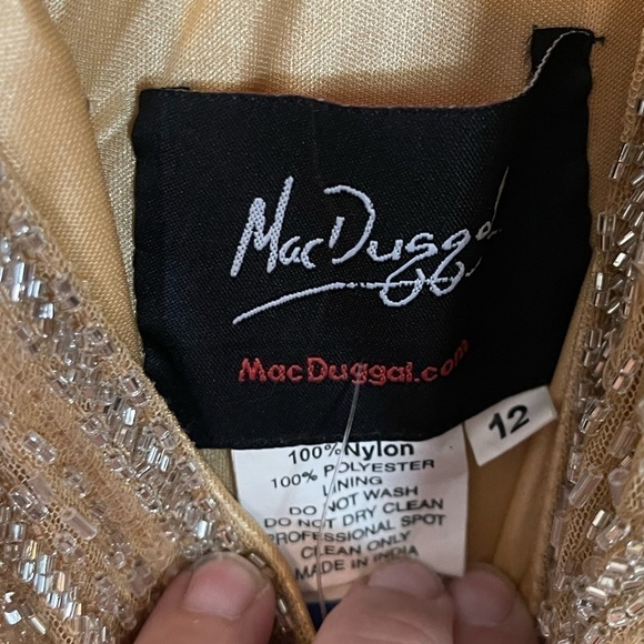NEW MAC DUGGAL Gold Champagne Beaded Plunging Surplice Maxi Gown Size 12 - Picture 8 of 10